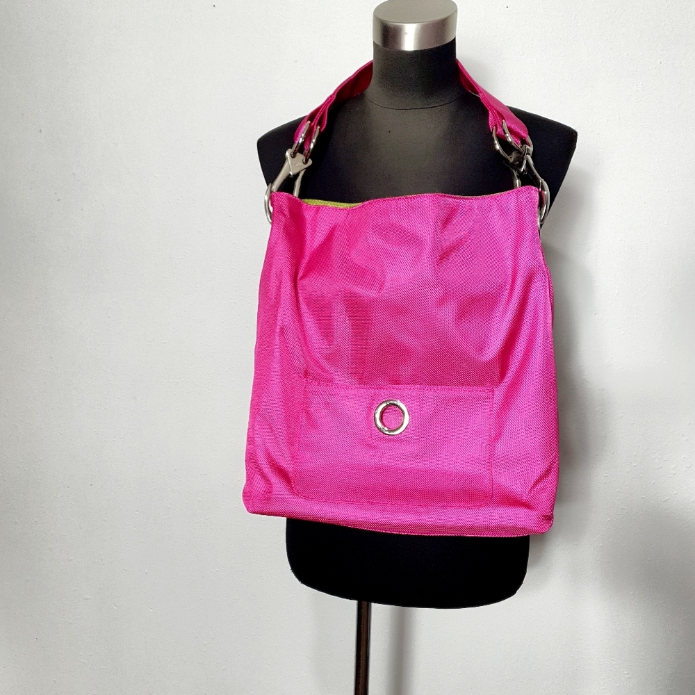 SR Squared By Sondra Roberts Reversible Tote Fushia Pink Green Purse